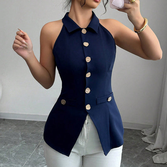 Women's Elegant Solid Sleeveless Vest - Button Front Lapel Top, Slim Fit Camisole For Spring&Summer
