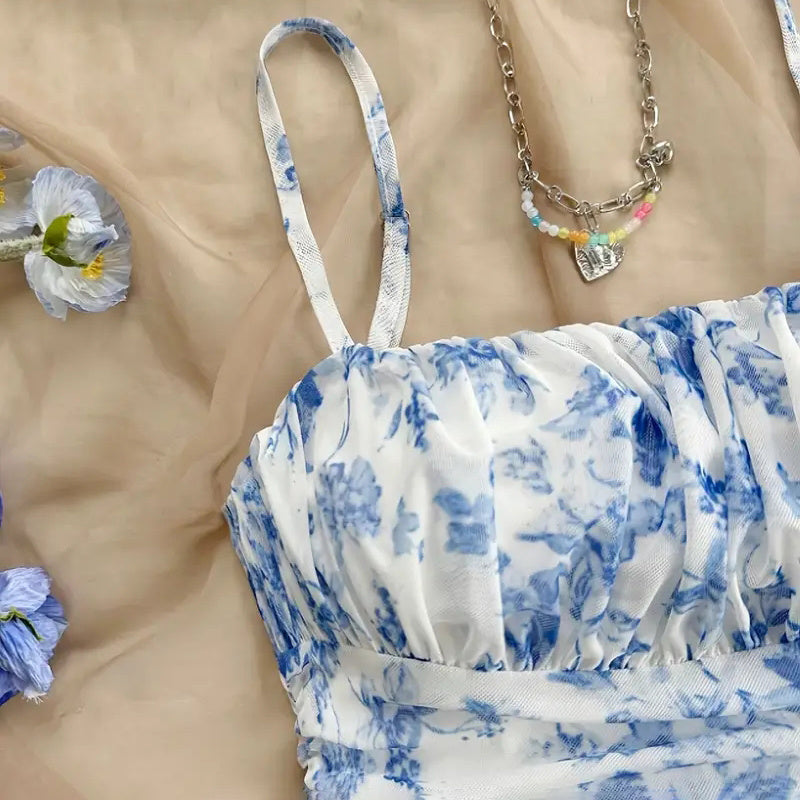 Women's Boho Floral Print Mini Dress Spaghetti Strap Ruched Ruffle Hem Vacation Sundresses