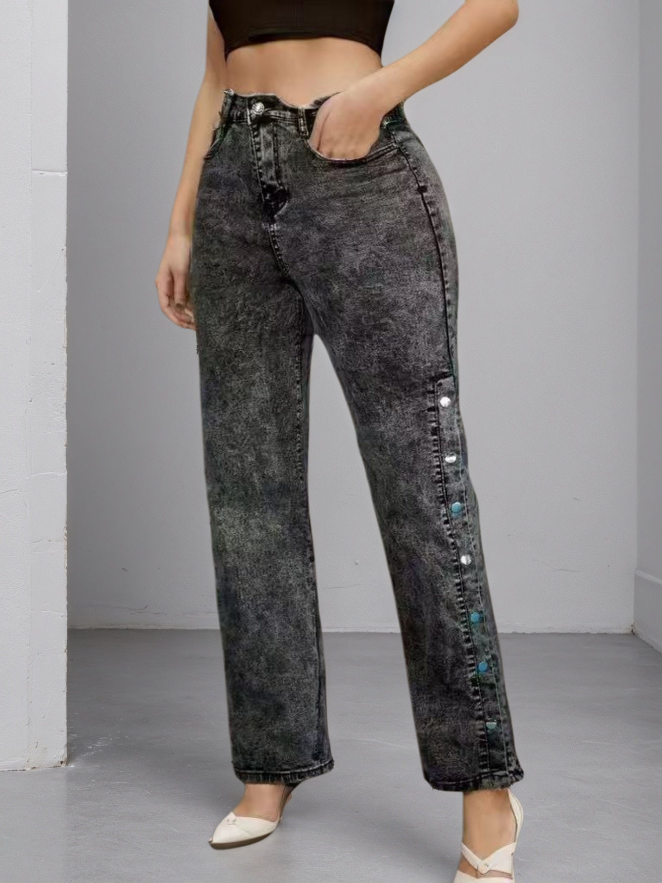 High Waisted Slightly Flared Jeans With Side Buckles, Classic Graphite Color, Comfortable Fit, Essential For Going Out.