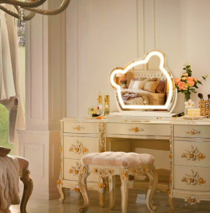 Bear LED Vanity Makeup Mirror Cute With Light Strip Touch Sensor Color Adjustable White Metal Removable Cosmetic