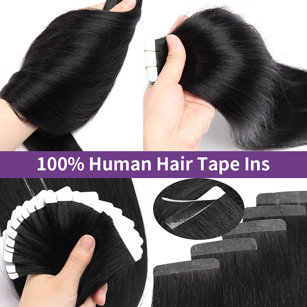 Straight Tape In Hair Extensions Remy Brazilian Hair Extensions Tape Ins For Women Natural Black 16-26 Inches 20Pcs 50G/Pack