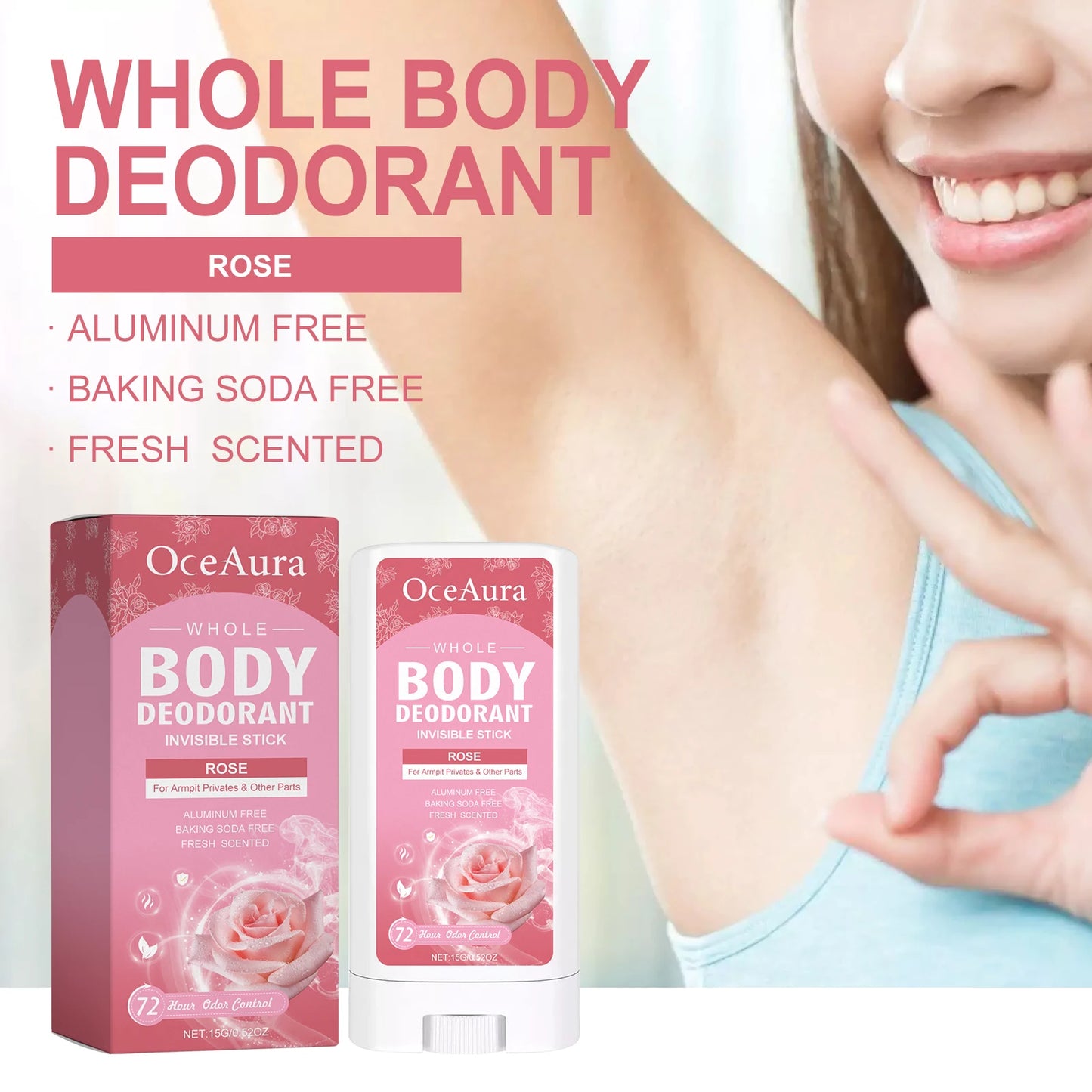 Oceaura Rose Body Deodorant Balm Stick Lasting Floral Fragrance Remove Sweaty Odor Skin Care Solid Perfume for Underarms