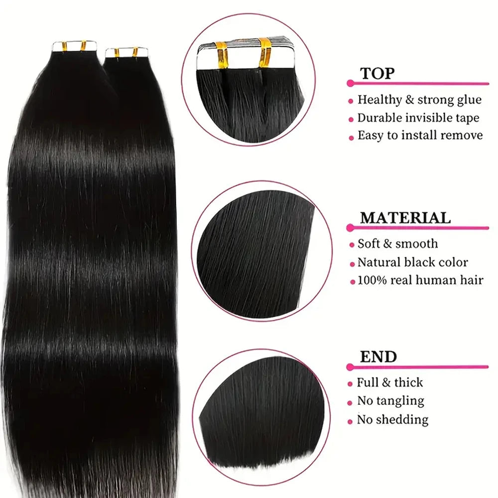 20pcs Tape In Human Hair Extensions Straight Invisible Seamless Natural Black 100% Brazilian Human Hair Tape Ins Hair Extensions