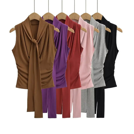 Women 2024 Summer New Fashion Swing Collar Vest Scarf Tank Tops Vintage Casual Female Camis Chic Tops