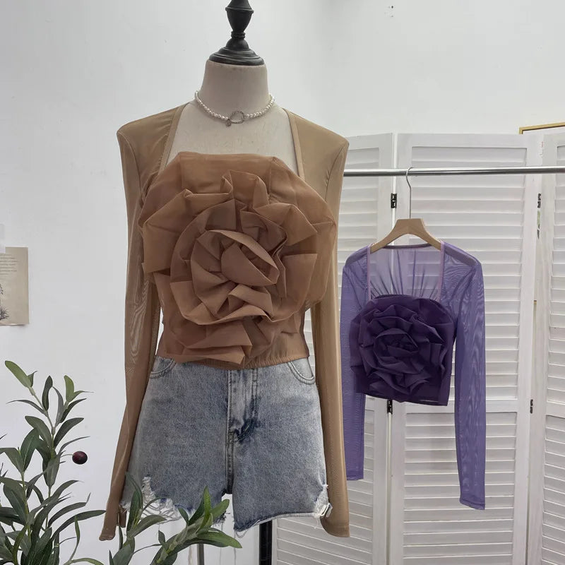 French Retro Three-dimensional Flower Crop Tops for Women Splicing Mesh Long Sleeve T-Shirts with Elastic Shirring Summer Wear