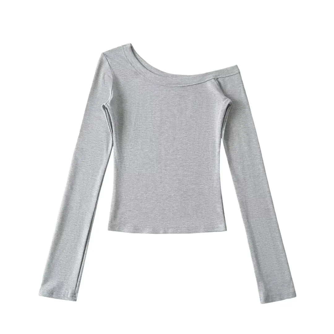 Women 2024 Summer New Fashion Asymmetric Shoulder Long Sleeve Base Shirt Vintage Casual Chic Female Tee Shirt Tops Mujer