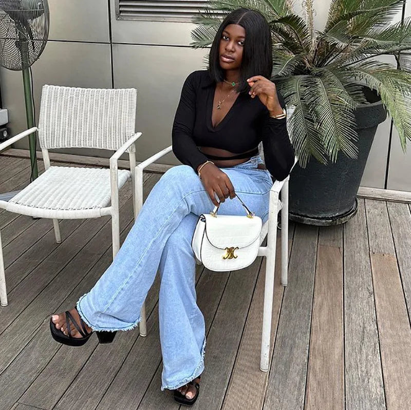 Women Smart Denim Trousers Design High Waist Big Bell Bottoms Stretch Fitted Flared Denim Jeans Wide Leg Jeans