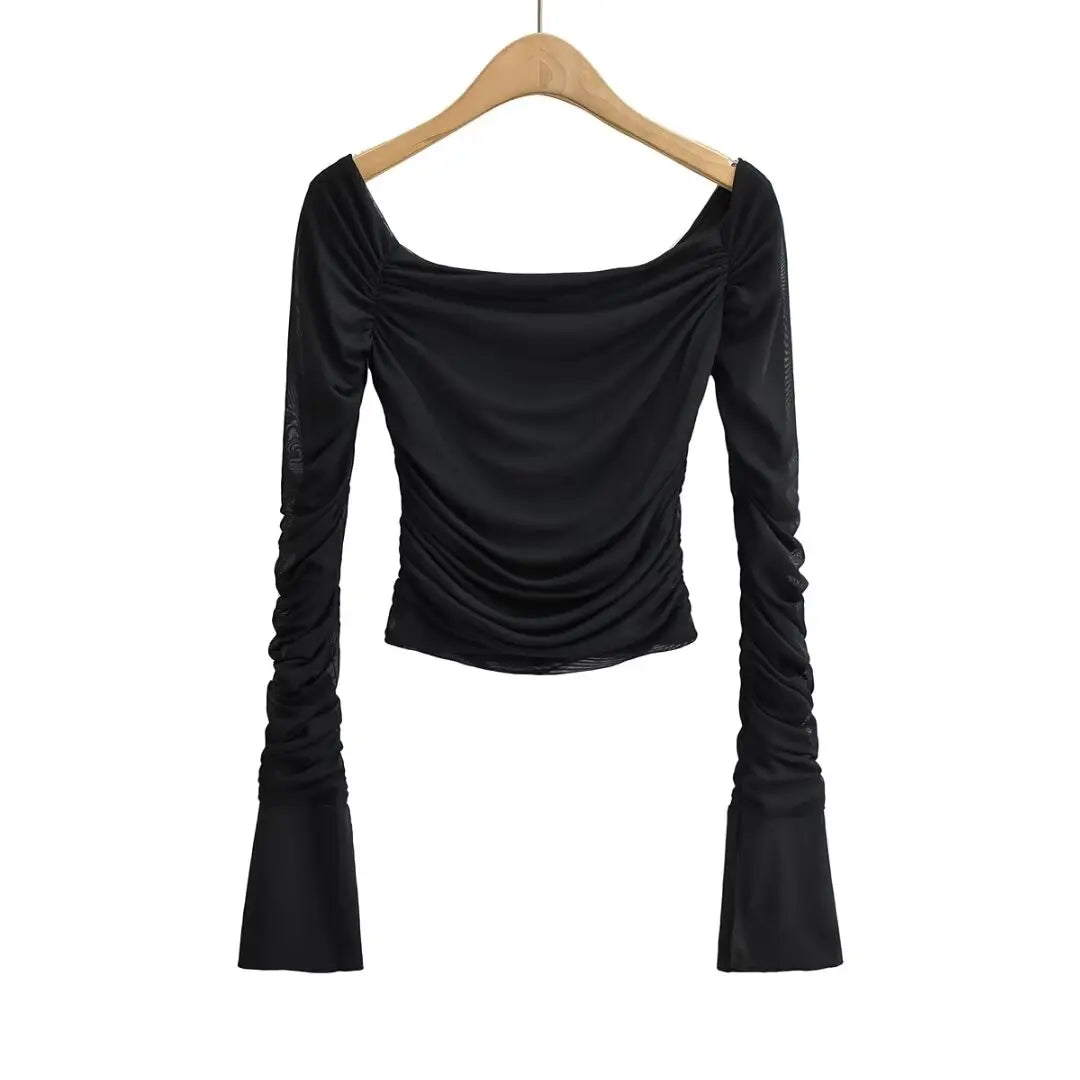Women 2024 Summer New Fashion Mesh Shoulder Long Sleeve Top Vintage Casual Chic Female Tee Shirt Tops Mujer