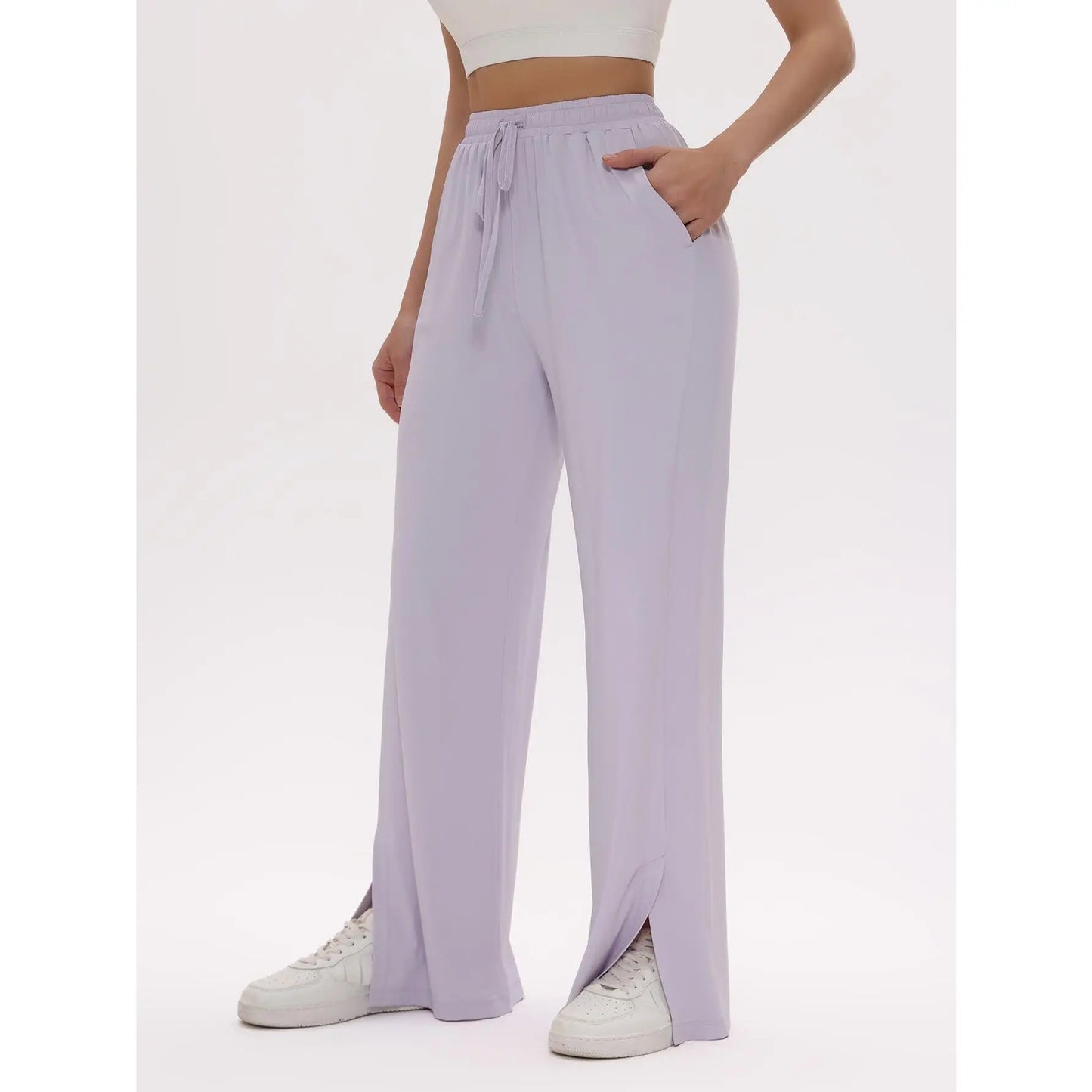 Nylon material sun protection high waisted wide leg pants for women, high elasticity, naked feeling, ice feeling, anti UV micro