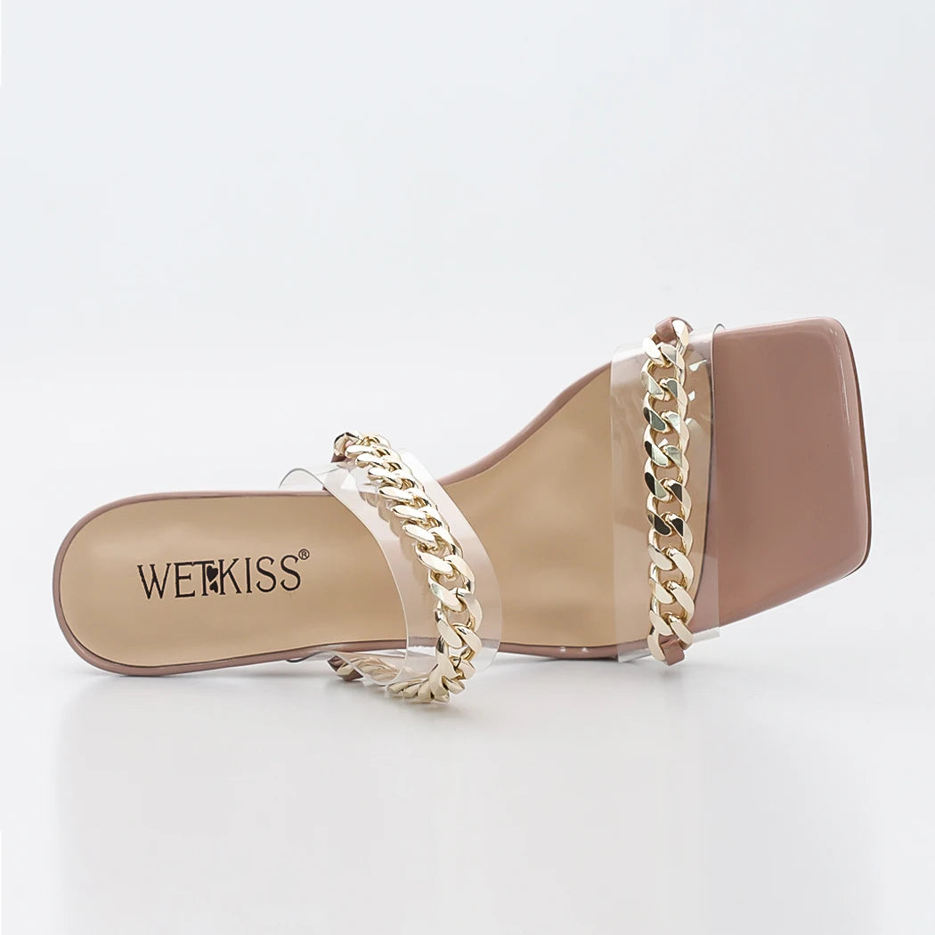 WETKISS Wholesale Square Toe Big Size 15 Summer Slides Sandals Fancy Lady Chain Shoes PVC High Heel Slippers Women Shoes