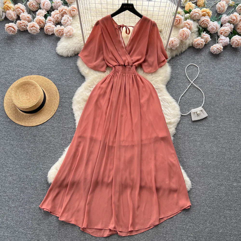 Chiffon Dress New Women's Graceful Collar Elastic Waist-Tightening Slimming Long Seaside Vacation Beach Premium Casual Dress