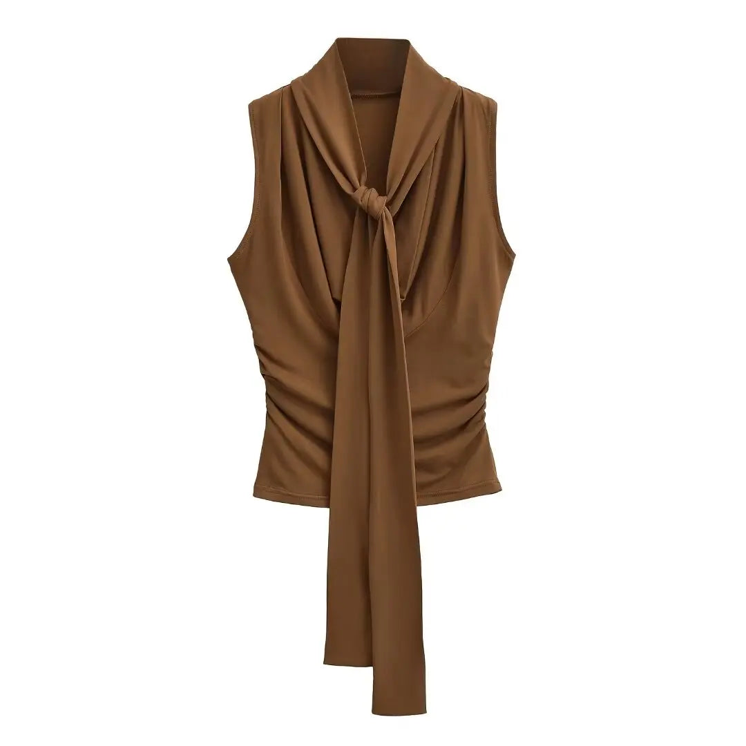 Women 2024 Summer New Fashion Swing Collar Vest Scarf Tank Tops Vintage Casual Female Camis Chic Tops