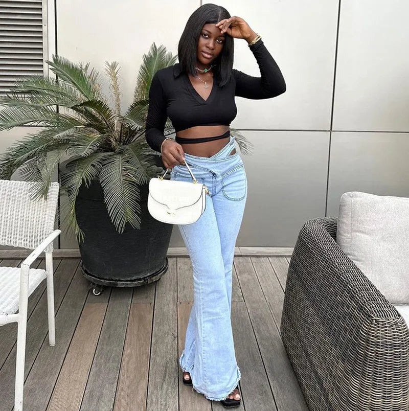 Women Smart Denim Trousers Design High Waist Big Bell Bottoms Stretch Fitted Flared Denim Jeans Wide Leg Jeans