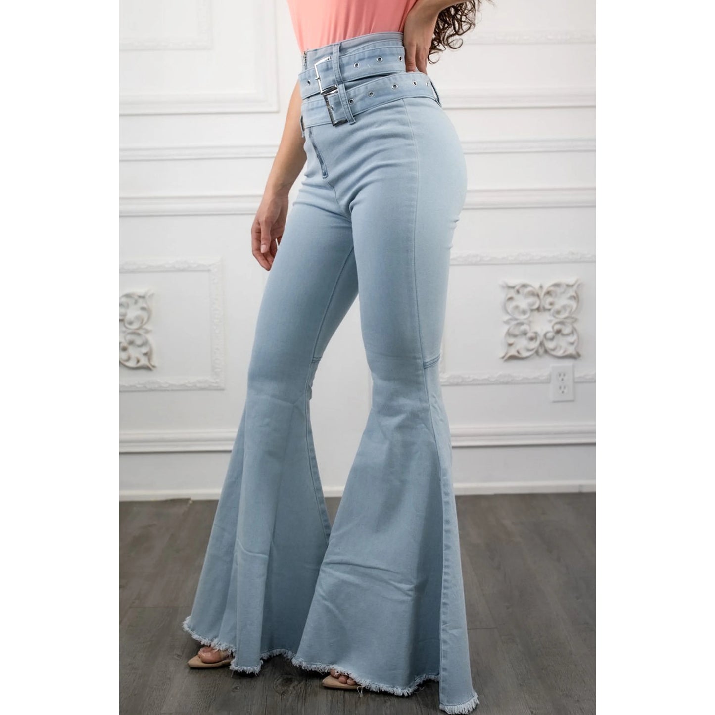 TD Buckle Ladies Straight Jeans High Street Style Bell Bottoms Dual Belt Details Breathable Skinny Denim Pants Elastic Waist