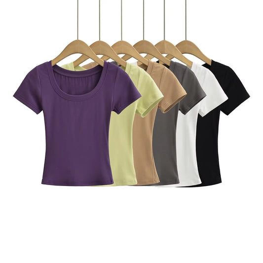 Women 2024 Summer New Fashion Flat T-Shirt Vintage Slim-Fit Casual Chic Female Tee Shirt Tops Mujer