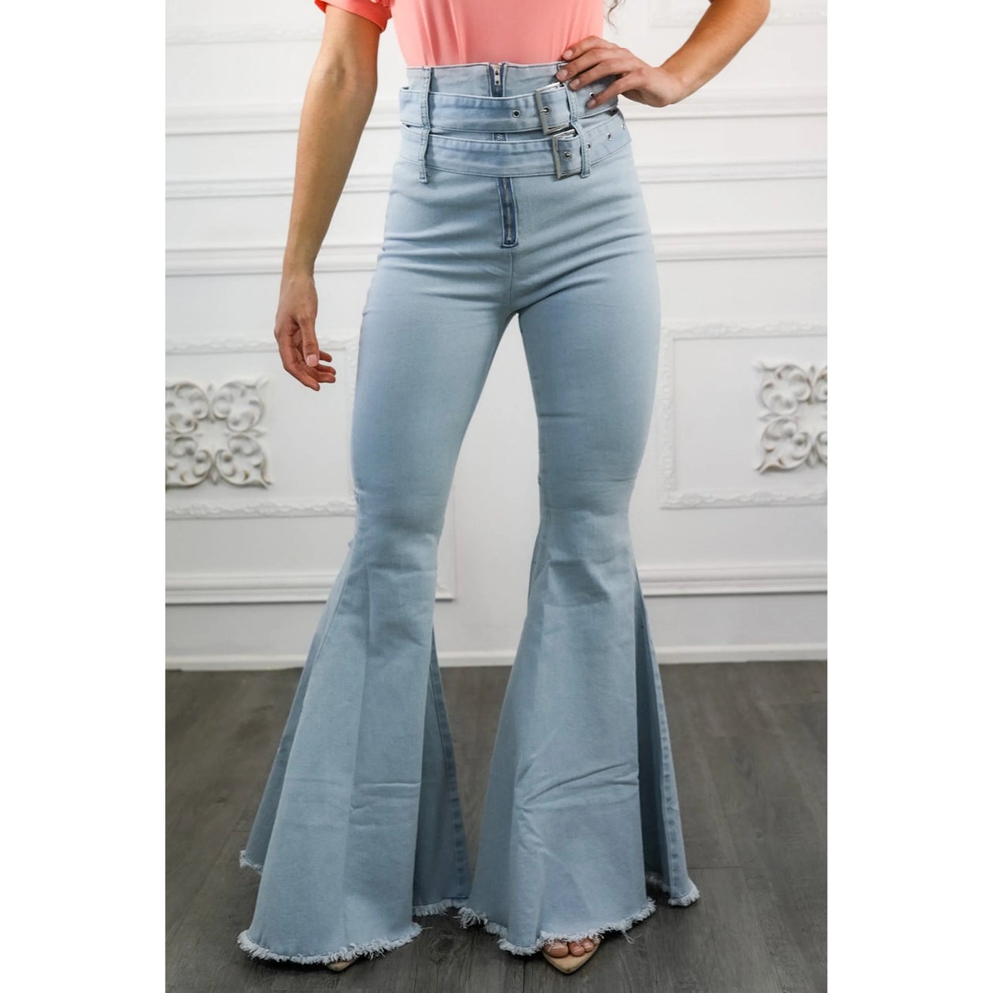 TD Buckle Ladies Straight Jeans High Street Style Bell Bottoms Dual Belt Details Breathable Skinny Denim Pants Elastic Waist