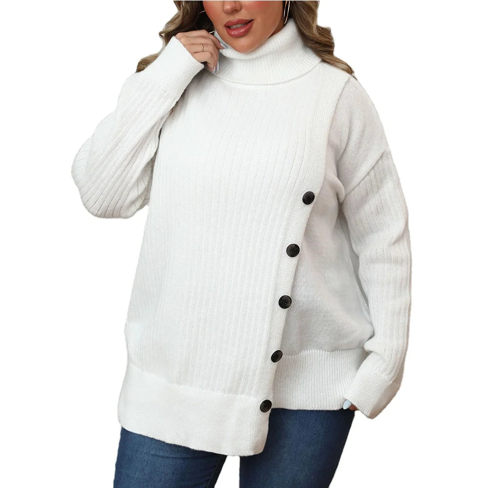Factory Winter Ladies Heather Buttoned Wrap Loose Turtleneck Women Sweater Pullover High-neck Knitted Tops Sweater Oversized