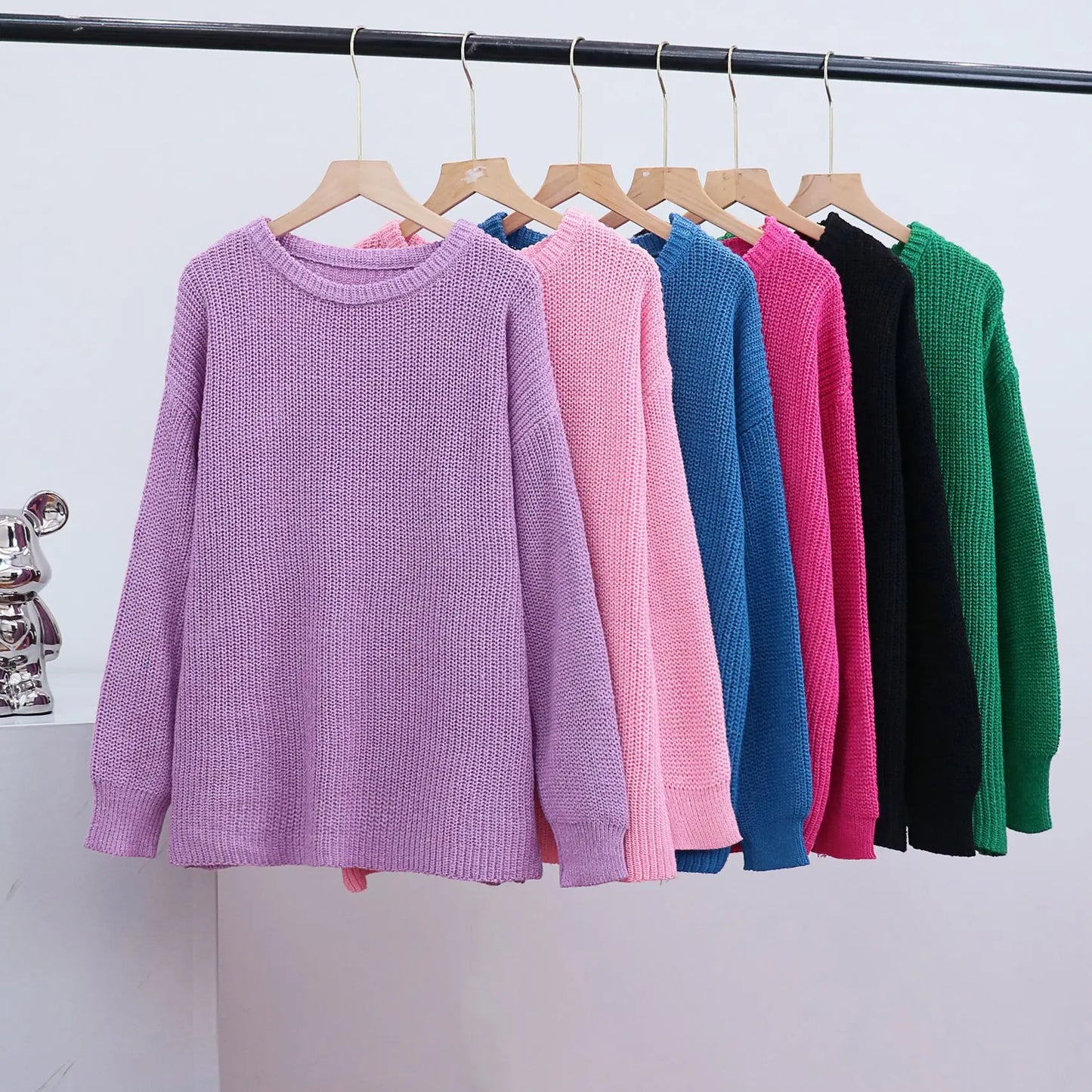 Women 2024 Autumn Winter Loose Sweater Round Neck Solid Color All-Match Long Sleeve Breathable Lazy Pullover Tops Knit Sweater