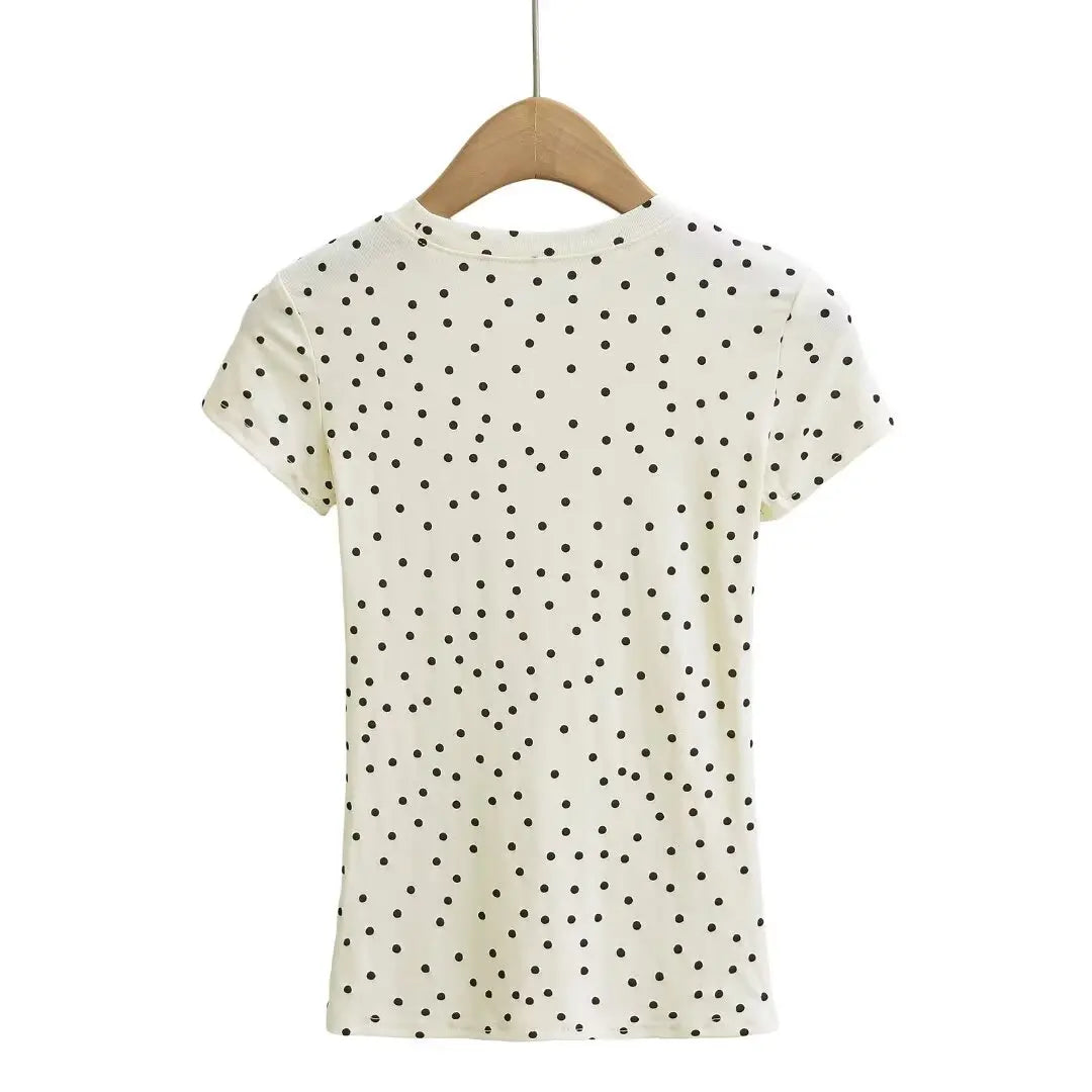 Women 2024 Summer New Fashion Polo Dot Shoulder T-Shirt Vintage Casual Chic Female Tee Shirt Tops Mujer