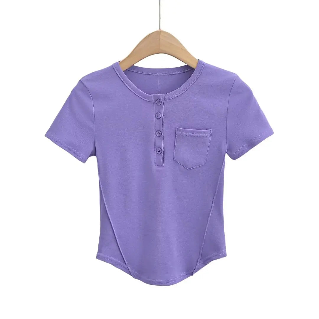 Women 2024 Summer New Fashion Buckle Pocket Short Sleeve T-Shirt Vintage Casual Chic Female Tee Shirt Tops Mujer