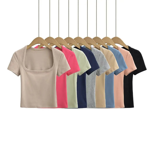 Women 2024 Summer New Fashion Deep Square Collar Vest Multicolor T-Shirt Vintage Casual Chic Female Tee Shirt Tops Mujer