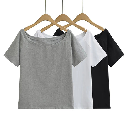 Women 2024 Summer New Fashion Loose Oblique Shoulder Off-shoulder Short Sleeve Retro Casual Chic Female Tee Shirt Tops Mujer