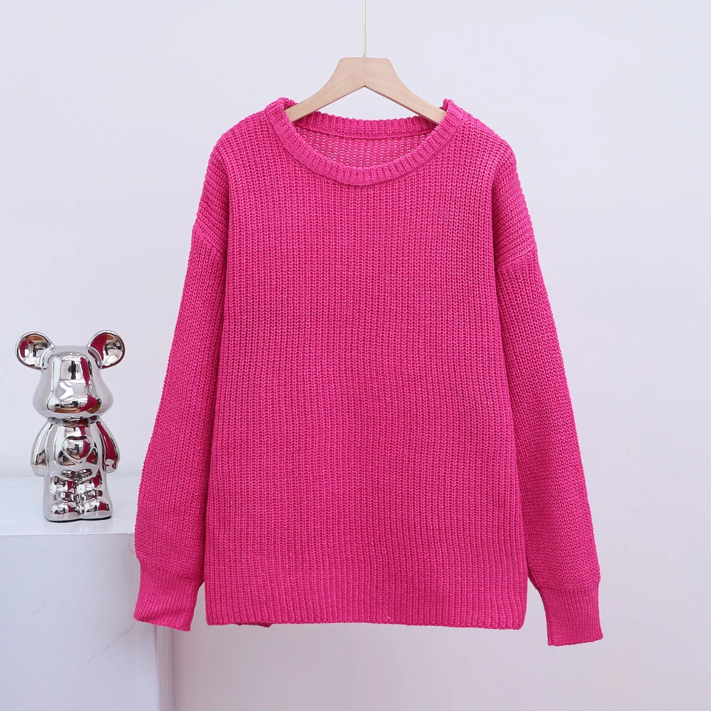 Women 2024 Autumn Winter Loose Sweater Round Neck Solid Color All-Match Long Sleeve Breathable Lazy Pullover Tops Knit Sweater