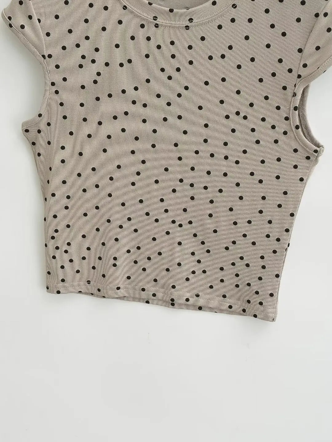 Women 2024 Summer New Fashion Polka Dot Crewneck Shoulder T-Shirt Retro Casual Chic Female Tee Shirt Tops Mujer