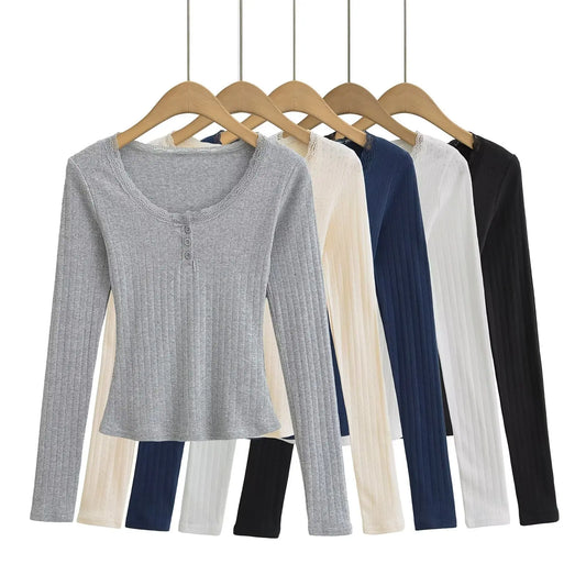 Women 2024 Summer New Fashion Lace U Neck Long Sleeve T-Shirt Vintage Casual Chic Female Tee Shirt Tops Mujer