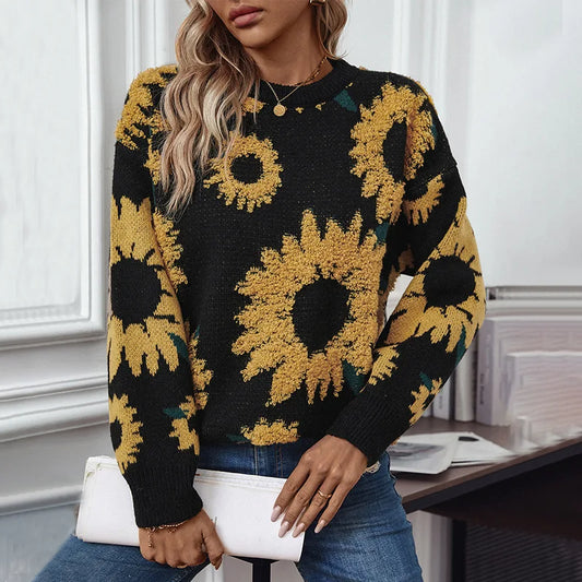 Sunflower 3D Jacquard Weave Women's Sweaters Long Sleeve Ladies Pullovers Knitted Tops High Quality Christmas Sweater