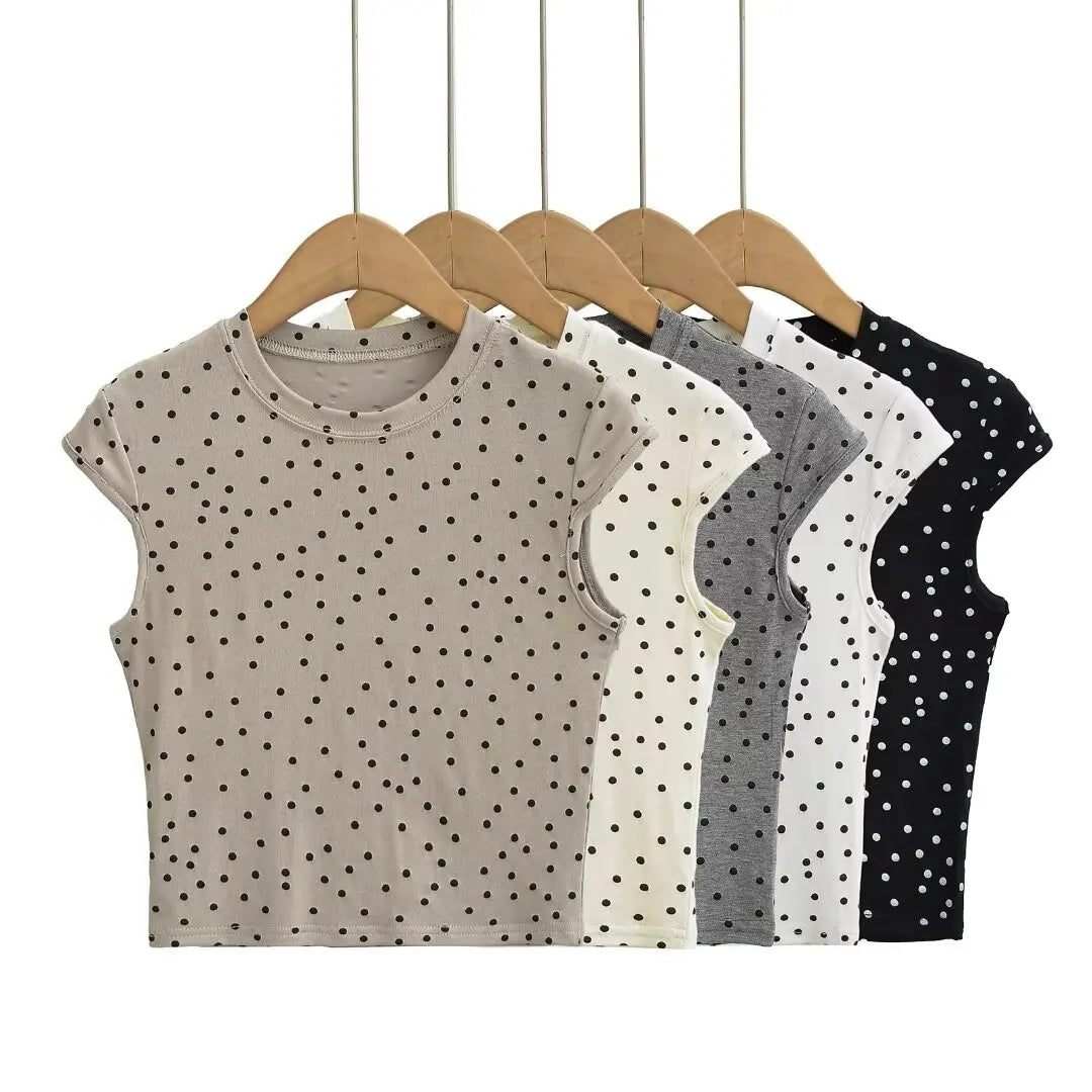 Women 2024 Summer New Fashion Polka Dot Crewneck Shoulder T-Shirt Retro Casual Chic Female Tee Shirt Tops Mujer