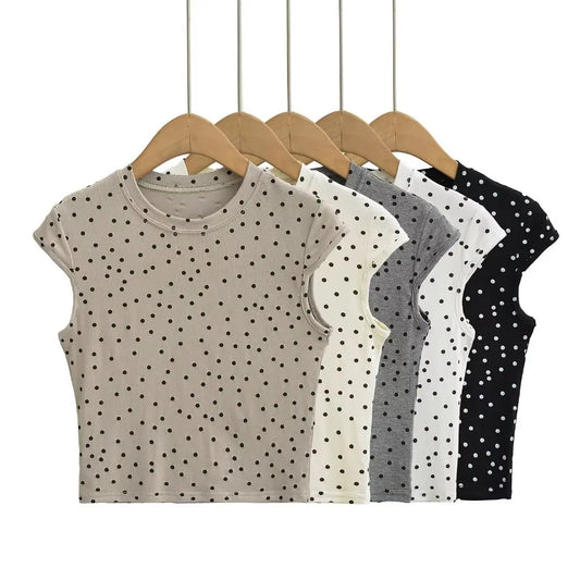 Women 2024 Summer New Fashion Polka Dot Crewneck Shoulder T-Shirt Retro Casual Chic Female Tee Shirt Tops Mujer