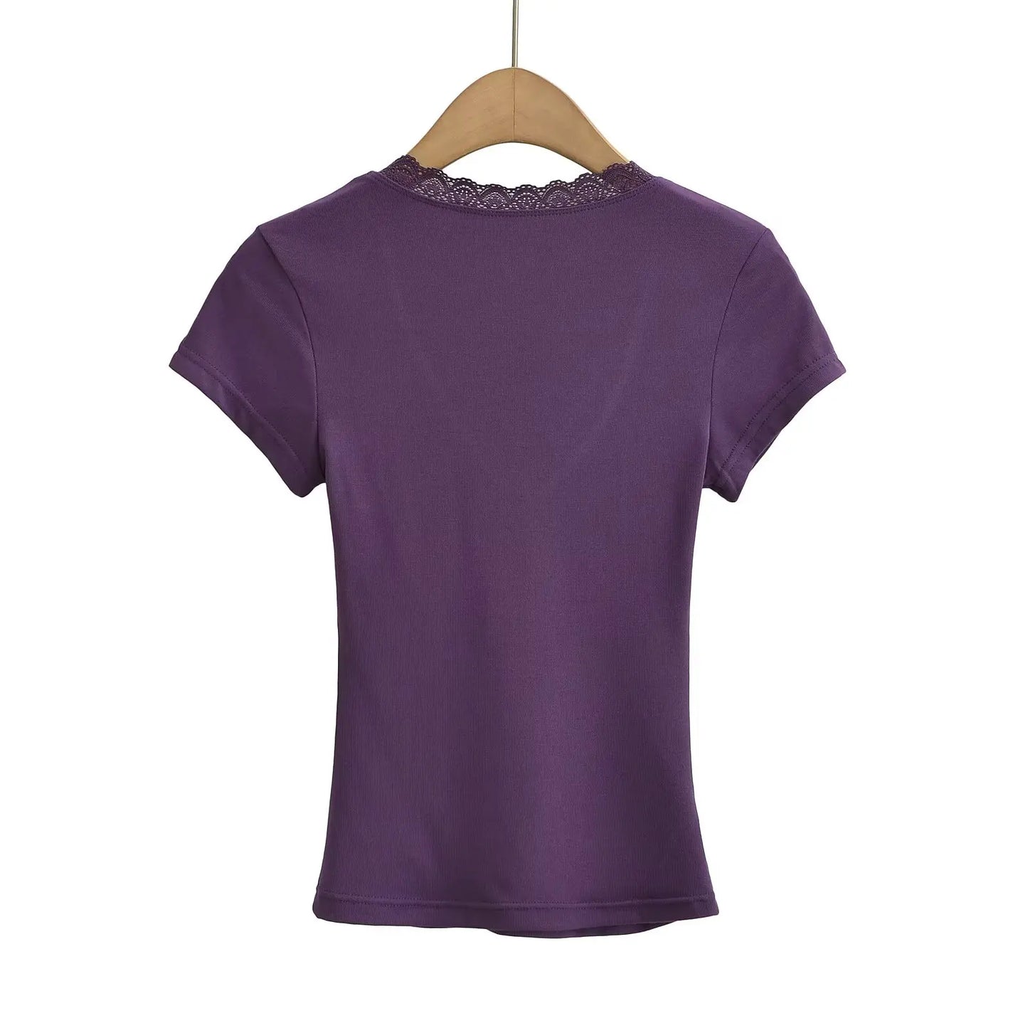 Women 2024 Summer New Fashion V-Neck Lace T-Shirt Vintage Slim-Fit Casual Chic Female Tee Shirt Tops Mujer