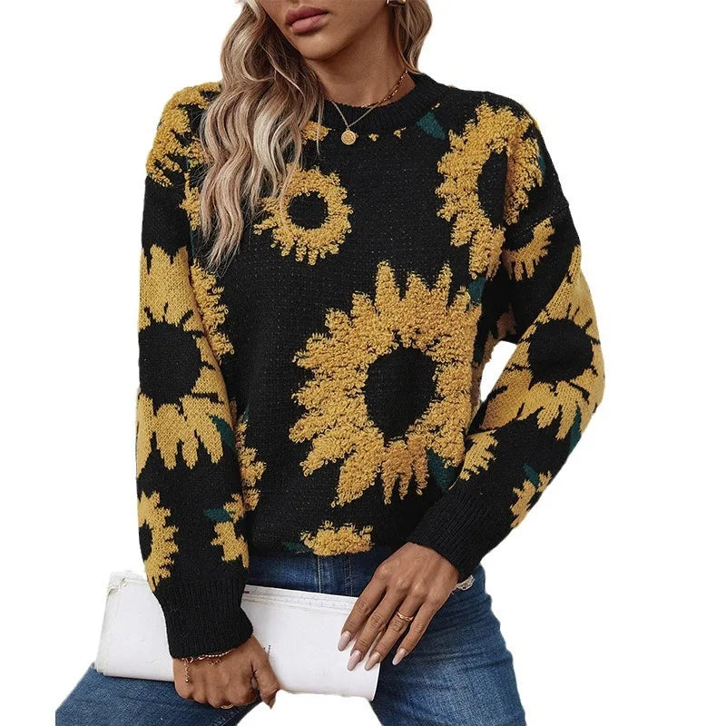 Sunflower 3D Jacquard Weave Women's Sweaters Long Sleeve Ladies Pullovers Knitted Tops High Quality Christmas Sweater