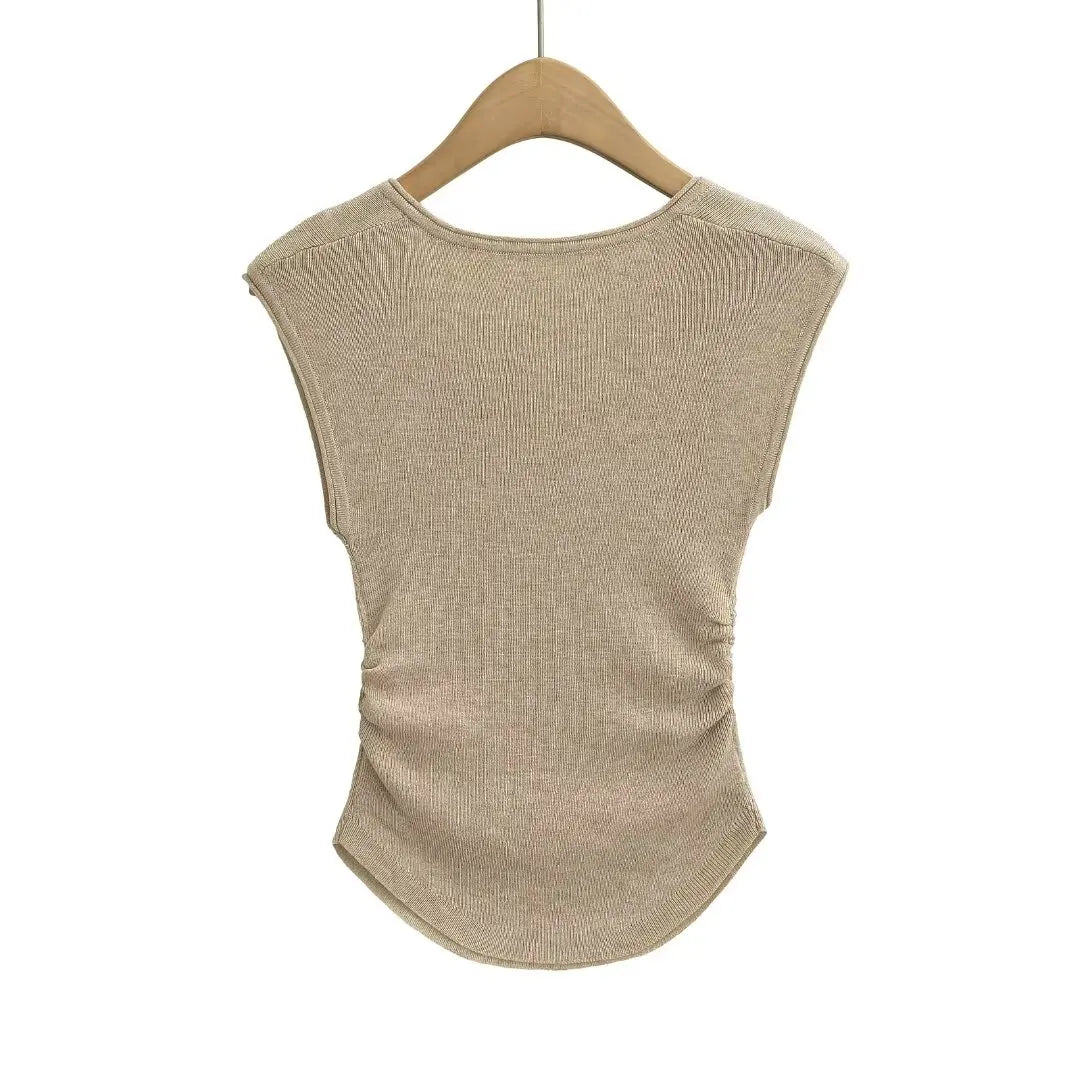 Women 2024 Summer New Fashion V-neck Knitted Waist T-shirt Vintage Casual Chic Female Tee Shirt Tops Mujer