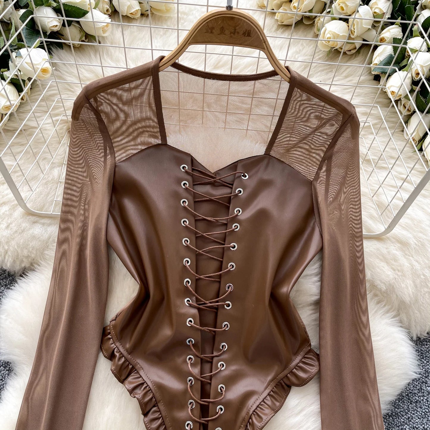 Autumn Full Sleeve Square Collar Casual PU Blouses Women Patchwork Shirts Ladies Y2k Tops Clothes Women Wholesale