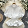 Autumn Short Sleeve Polo Collar Casual Blouses Women Puff Sleeve Ruffles Shirts Ladies Elegant Tops Clothes Women Wholesale