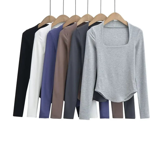 Women 2024 Summer New Fashion Solid Color Curved Long Sleeve T-Shirt Vintage Casual Chic Female Tee Shirt Tops Mujer