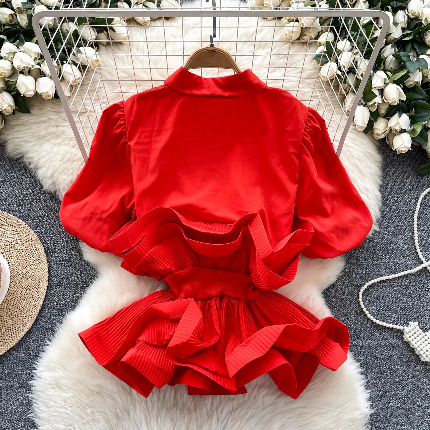 Autumn Short Sleeve Polo Collar Casual Blouses Women Puff Sleeve Ruffles Shirts Ladies Elegant Tops Clothes Women Wholesale