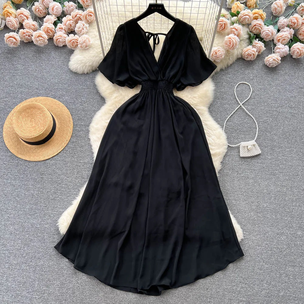 Chiffon Dress New Women's Graceful Collar Elastic Waist-Tightening Slimming Long Seaside Vacation Beach Premium Casual Dress