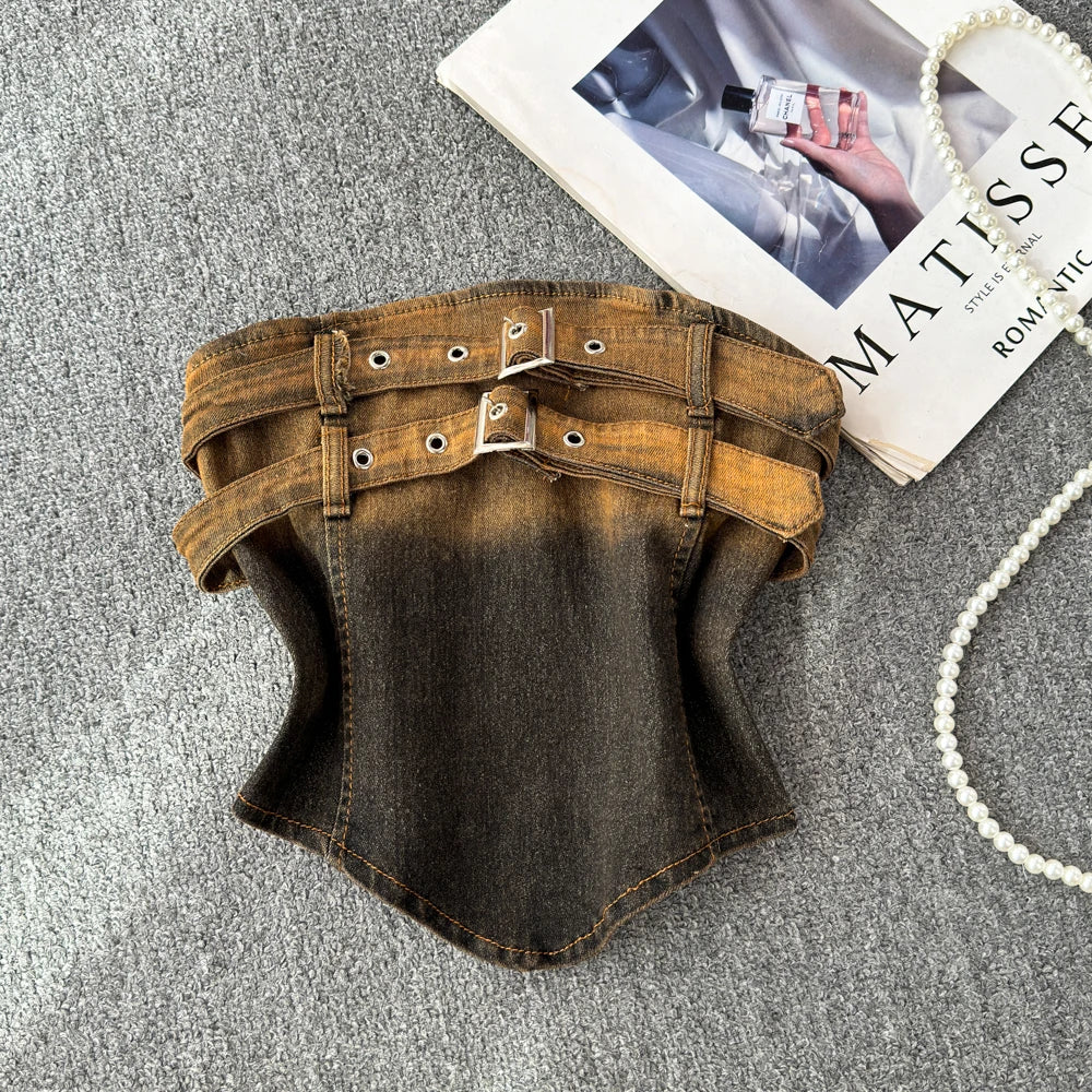Ladies Strapless Denim Vest Sexy Corset Tank Tops Denim Belt Crop Tube Top Summer Hot Sale Gradient Denim Top for Women