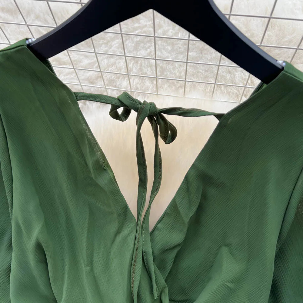 Chiffon Dress New Women's Graceful Collar Elastic Waist-Tightening Slimming Long Seaside Vacation Beach Premium Casual Dress