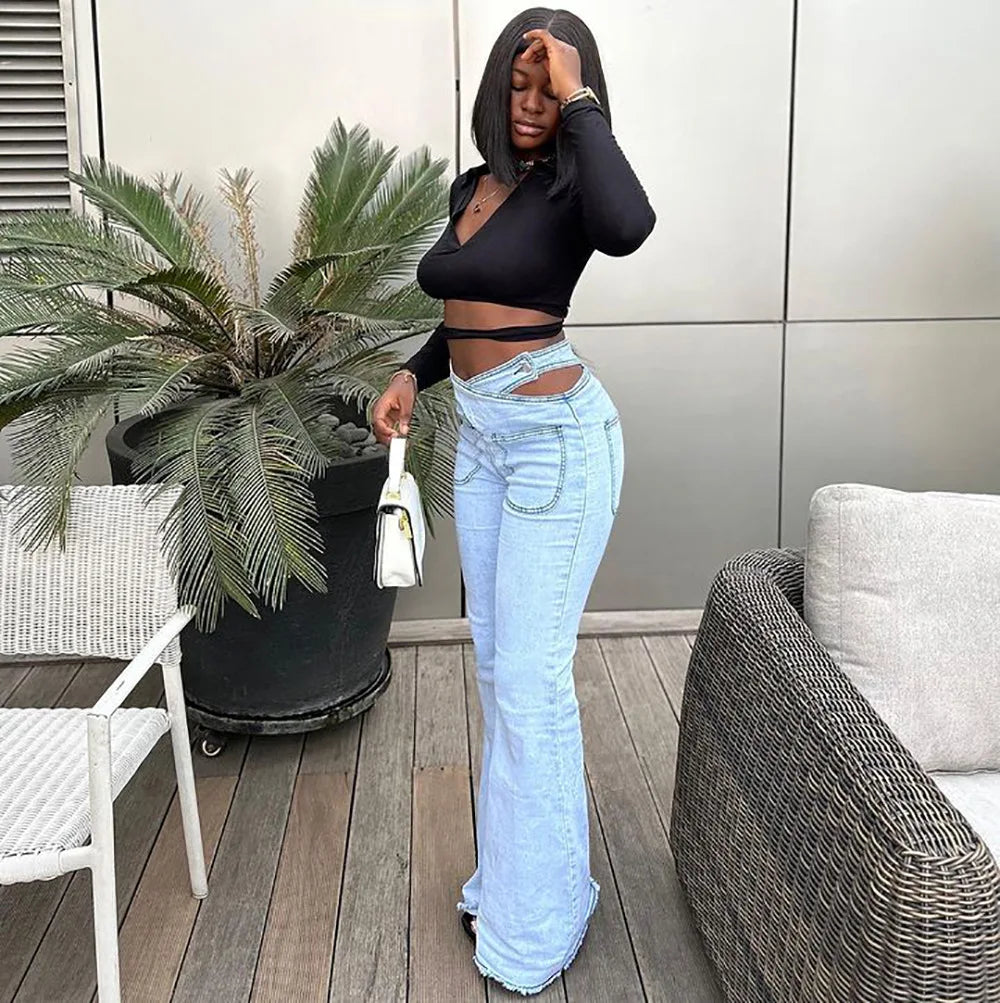 Women Smart Denim Trousers Design High Waist Big Bell Bottoms Stretch Fitted Flared Denim Jeans Wide Leg Jeans