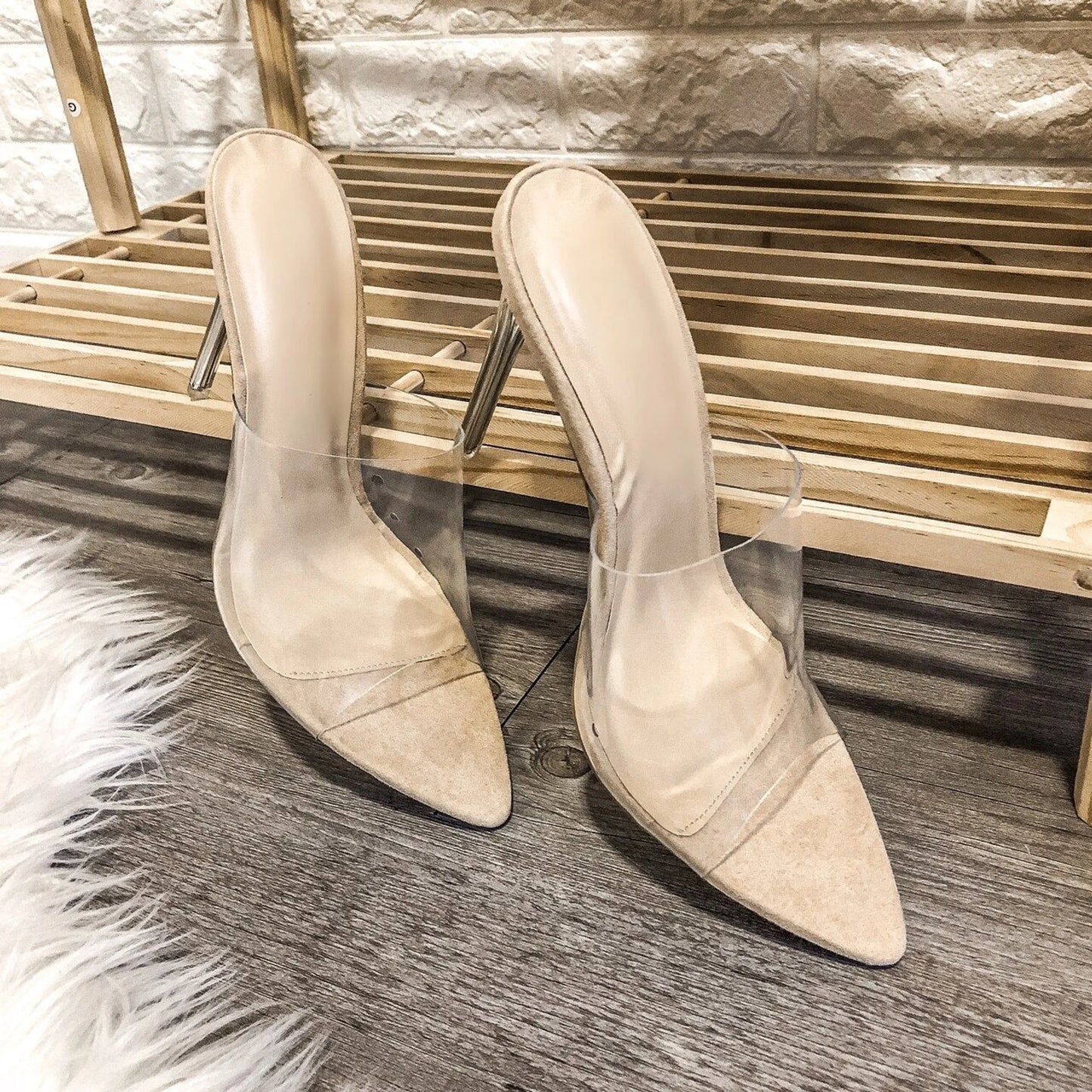 TD Clarissa Women's High Heel Pumps Nude Clear Upper 8cm Thin Heels with Ankle Strap High Stilettos