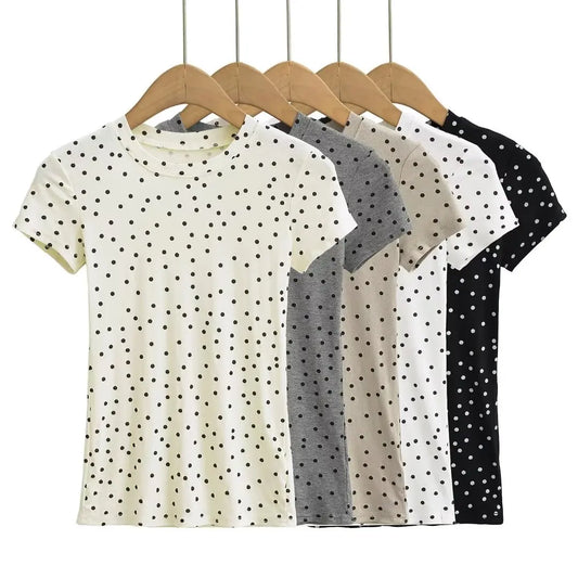 Women 2024 Summer New Fashion Polo Dot Shoulder T-Shirt Vintage Casual Chic Female Tee Shirt Tops Mujer