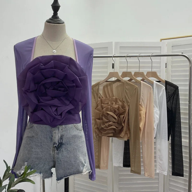 French Retro Three-dimensional Flower Crop Tops for Women Splicing Mesh Long Sleeve T-Shirts with Elastic Shirring Summer Wear