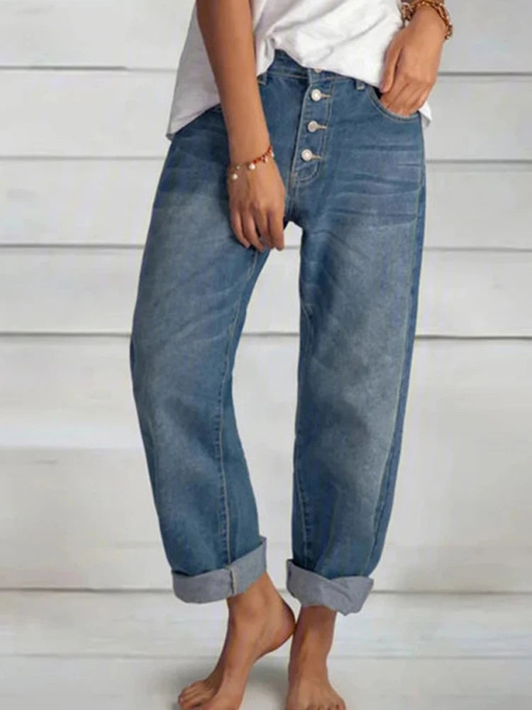Women's Jeans Fashion Retro High Waist Wide Leg Loose Straight Pants Large Size Simple and Thin Workwear Boyfriend Jeans