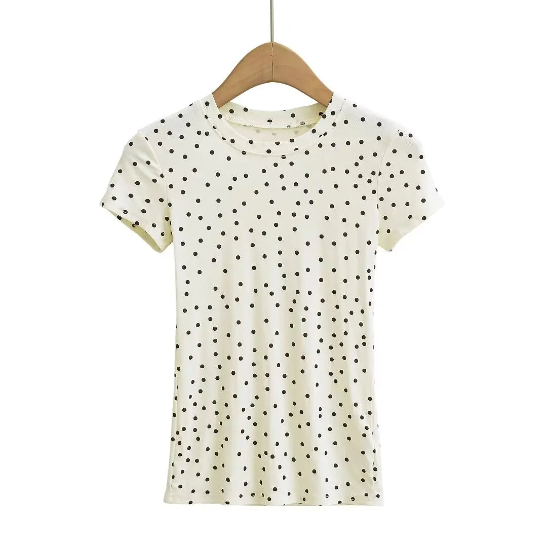 Women 2024 Summer New Fashion Polo Dot Shoulder T-Shirt Vintage Casual Chic Female Tee Shirt Tops Mujer