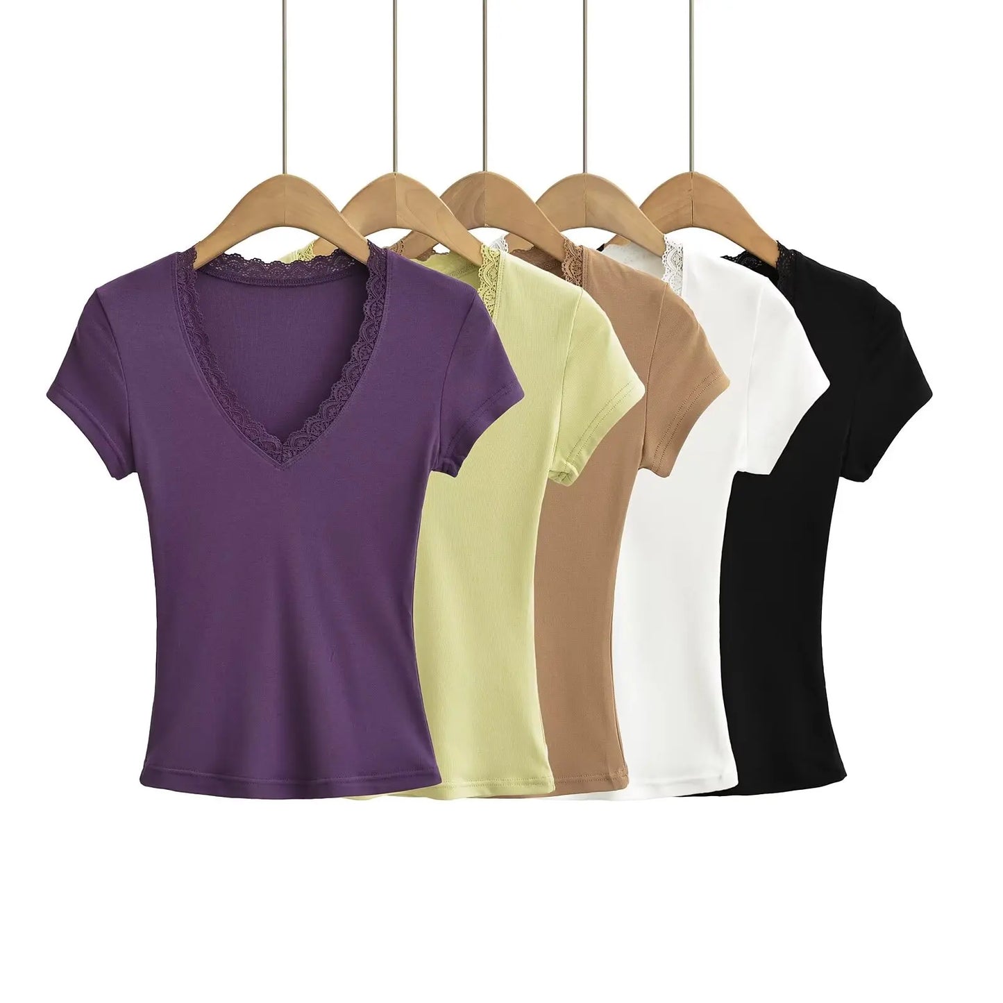 Women 2024 Summer New Fashion V-Neck Lace T-Shirt Vintage Slim-Fit Casual Chic Female Tee Shirt Tops Mujer