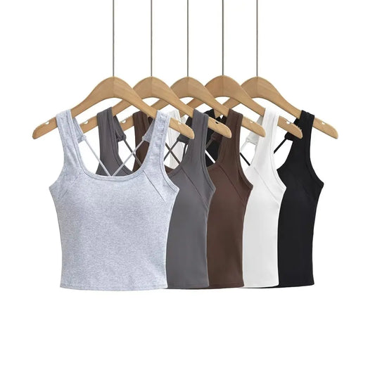 Women 2024 Summer New Fashion Small Tank Tops Vintage Slim-Fit Casual Female Camis Chic Tops